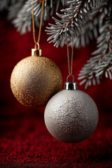 Classic gold and silver Christmas ornaments on fir branch with red background
