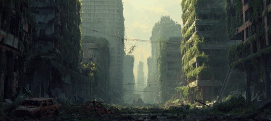 Overgrown city street after an apocalypse, buildings covered in foliage