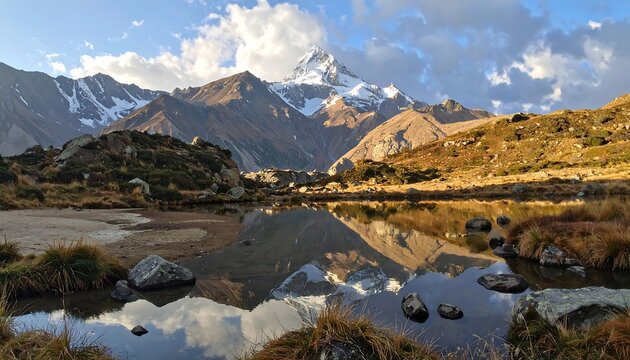 A serene alpine lake reflects majestic mountains under a partly cloudy sky during golden hour. The landscape is peaceful and beautiful