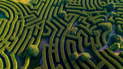 Aerial view of green hedge maze with intricate fingerprint pattern, sunlight casting dramatic shadows, outdoor garden landscape, creative and challenging design