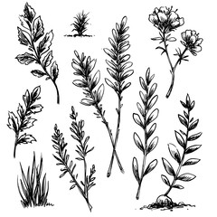 Fototapeta premium A detailed collection of sketchy hand-drawn botanical elements, featuring various plant leaves and flowers in an elegant vintage-style vector art set
