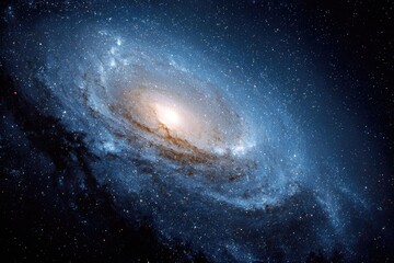 Fototapeta premium Spiral galaxy swirls in space, blue and orange colors dominate the stellar scene