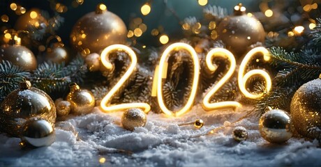 Festive scene depicts glowing numerals 2026 amidst ornaments, snow, evergreen boughs. Warm lights create celebratory mood.