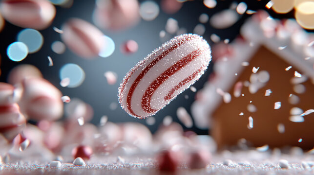 Close-up of striped peppermint candy canes floating in mid-air, creating a whimsical holiday atmosphere filled with sweetness and festive cheer perfect for seasonal themes.