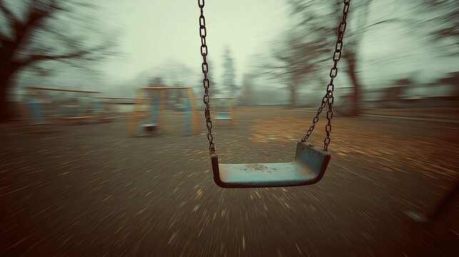Empty swing playground motion blur autumn eerie moody outdoor childhood loneliness park. An empty swing playground with motion blur creates moody eerie atmosphere evoking feelings of loneliness