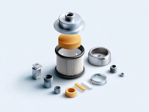 Exploded view of parts. Concept of engineering, mechanics, maintenance, and technology. Illustrates precision, components, and assembly. Use for infographics, ads, education.