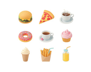 Set of delicious fast food and drinks isolated on transparent background