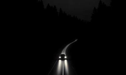 Vehicle on road driving to light night with forest tree silhouette background