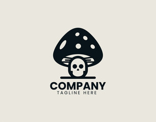 Obraz premium A distinctive black mushroom with white spots, featuring a small stylized skull underneath its cap.