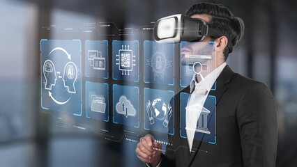 A businessman engages with a virtual reality headset in a modern office, exploring data analytics and immersive technology to enhance business strategies and innovation. Raster