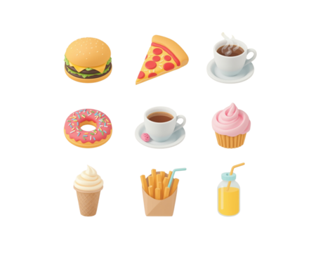 Set of delicious fast food and drinks isolated on transparent background