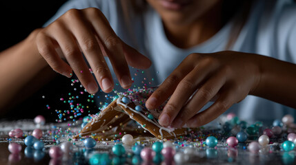 Hands skillfully decorating a gingerbread house with colorful candies and sprinkles, embodying creativity and joy during holiday baking traditions and family bonding moments.