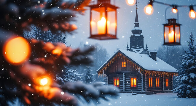 Cozy winter cabin illuminated by lanterns and christmas lights in snowy landscape