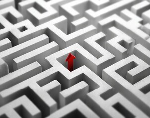 Complex white labyrinth with a small, single, vibrant red arrow pointing up