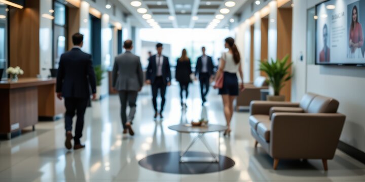 Modern office hallway with professionals walking and engaging in business activities.