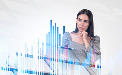 Woman holding tablet with stock chart overlay, modern graphic style, on a white background, concept of financial analysis and market strategy