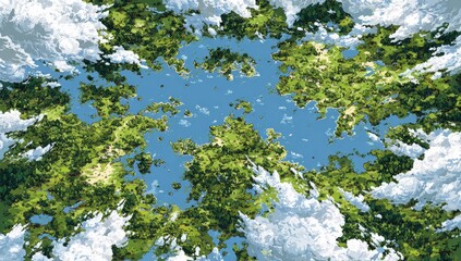 Top-down view of islands surrounded by clouds, painted style