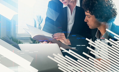 Two business professionals reviewing documents together in a modern office with abstract digital graphic overlay, representing teamwork and technology concept