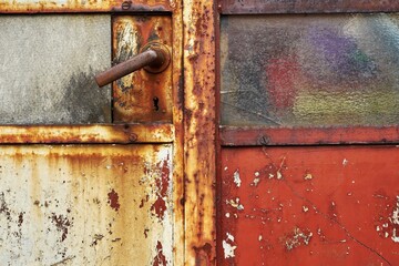 Rusty Greenhouse Door With Peeling Paint And Textured Glass