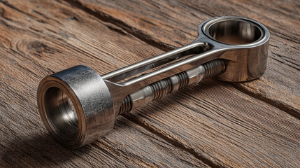 Close-up shot of a metallic connecting rod on a wooden surface, showcasing intricate mechanical details.