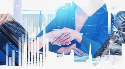 Two people shaking hands in a business setting, double exposure style with city buildings and data charts, on a bright background, concept of partnership