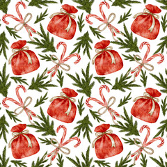 Christmas pattern red sacks of gifts and candy canes, festive background.