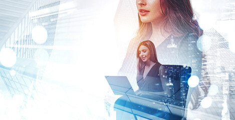 Businesswoman working on laptop, double exposure with cityscape and office interior, on bright abstract background. Concept of modern people and innovation