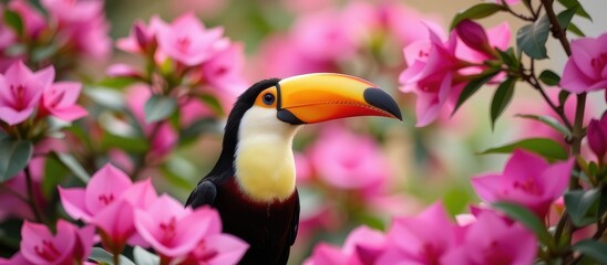 Naklejka premium Colorful toucan amidst vibrant pink flowers in a lush setting.