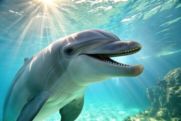 Fototapeta premium A close-up of a dolphin smiling underwater