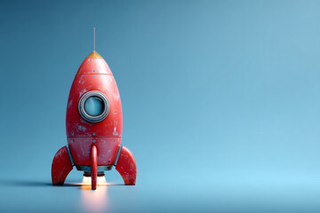 A charming red retro rocket model with a glowing exhaust stands poised for adventure against a smooth blue backdrop ready for a new journey