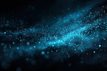 Sparkling blue abstract space dust on black. Bokeh lights and nebulous