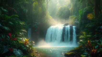 Obraz premium Lush waterfall cascades into serene pool, surrounded by vibrant greenery and soft sunlight