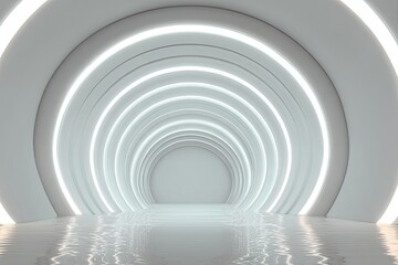Obraz premium A futuristic, bright white tunnel with concentric circular lights and a reflective floor