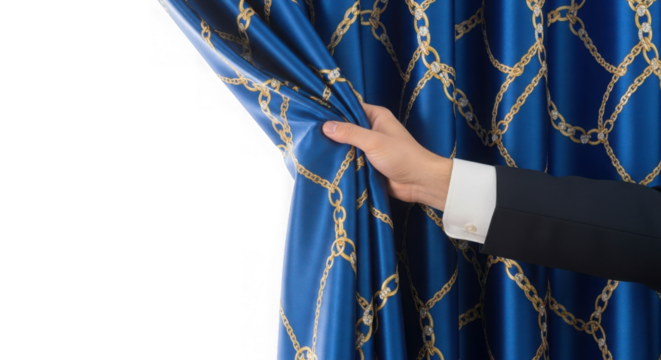 Hand pulling blue curtain with golden chain diamond pattern aside isolated on transparent background