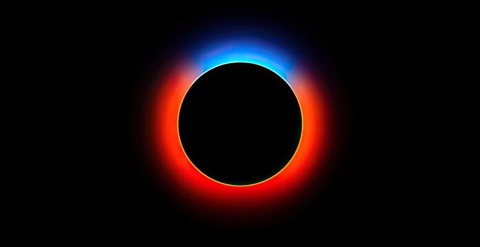 Glowing orb with fiery red and celestial blue corona against stark black