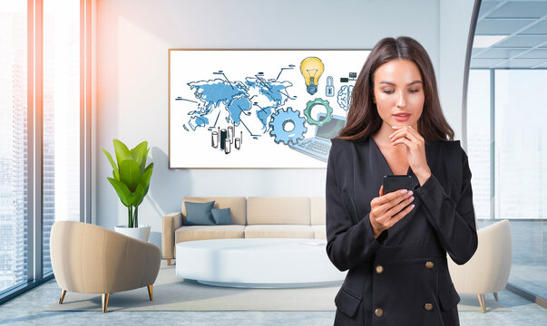 Woman in formal attire using smartphone in bright modern office, illustrated world map and tech icons on wall, concept of global communication and innovation