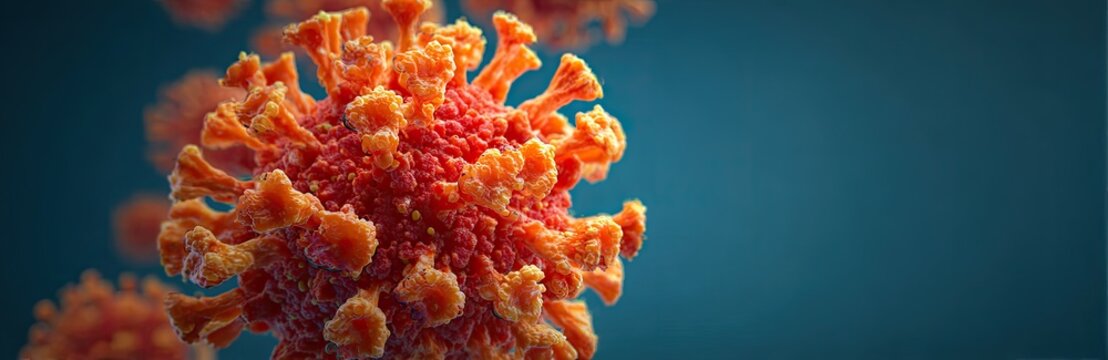 Orange spiky virus with red core on blue background - Powered by Adobe
