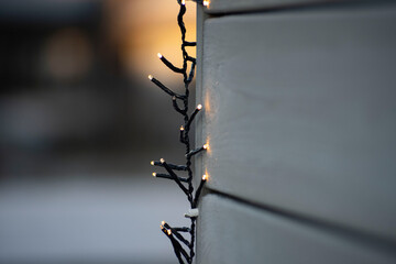 Warm Holiday String Lights on Wooden Wall