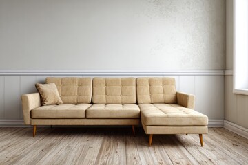 Beige sectional chaise lounge sofa sits centered against a light textured wall above wainscoting