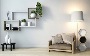 Minimalist modern zen living room with wood floor and shelf wooden on wall japanese style.3d rendering