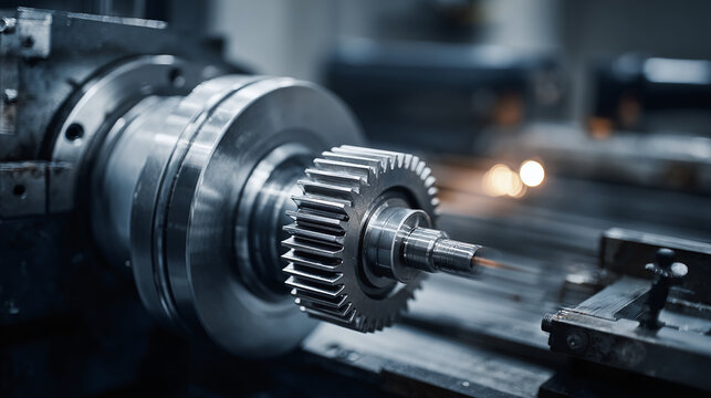 A close-up of a high-precision industrial gear machining on a metal lathe