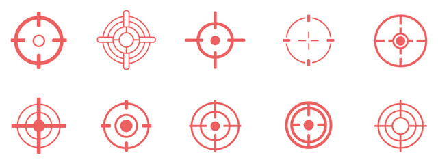 Target icon collection showing bullseye symbols, crosshairs icons, and vector target illustrations, suitable for focus graphics, game interfaces, navigation designs, and digital vector artwork.