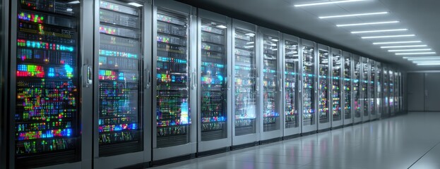 Server room with rack-mounted servers showing lights and data in long rows