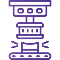 Industrial Hydraulic Press Machine In Purple Outline With Conveyor Belt And Light Effects On Transparent Background