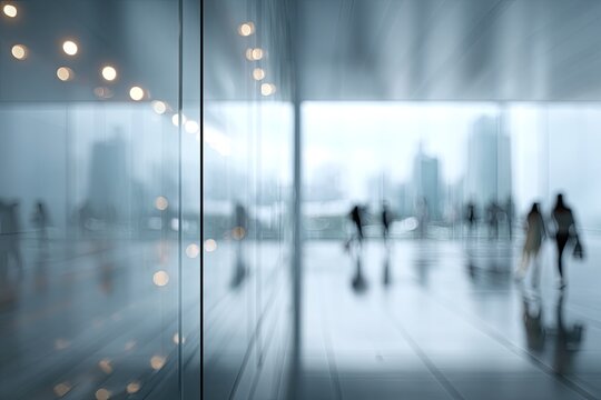 Blurred view through glass wall into a city with silhouettes, lights, and pedestrian activity
