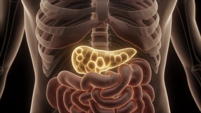 Pancreas Organ Glowing Brightly within the Human Abdomen, a Detailed 3D Medical Illustration of Internal Digestive Anatomy