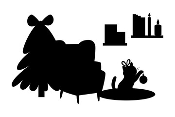 Silhouette christmas scene with tree armchair cat and gifts