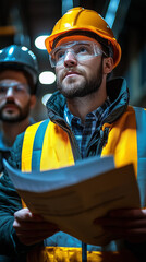 An industrial worker in a yellow hard hat and safety glasses holds project documents, looking up with a serious, focused expression.