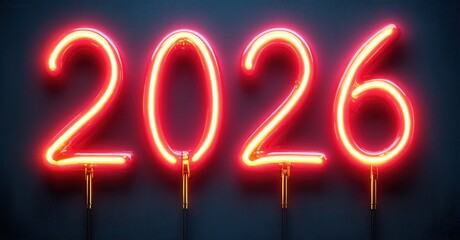 Bright red neon sign displays year 2026. Dark background emphasizes glowing numbers, creating futuristic vibe. Simple, bold presentation.