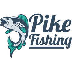 Pike Fishing Logo Featuring a Leaping Fish Illustration with Teal and Navy Accents on a Transparent Background